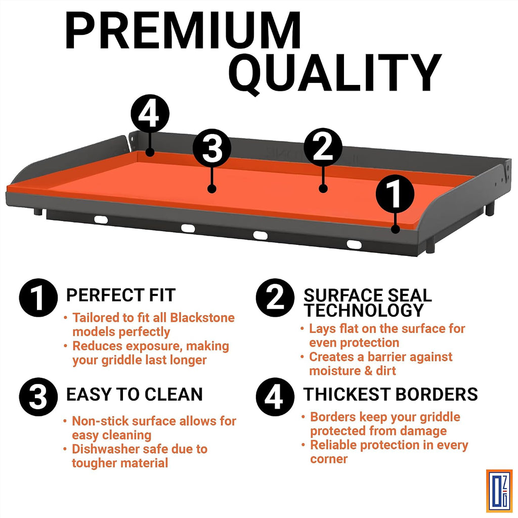 OZG griddle mat features: perfect fit, surface seal technology, easy to clean, thickest borders