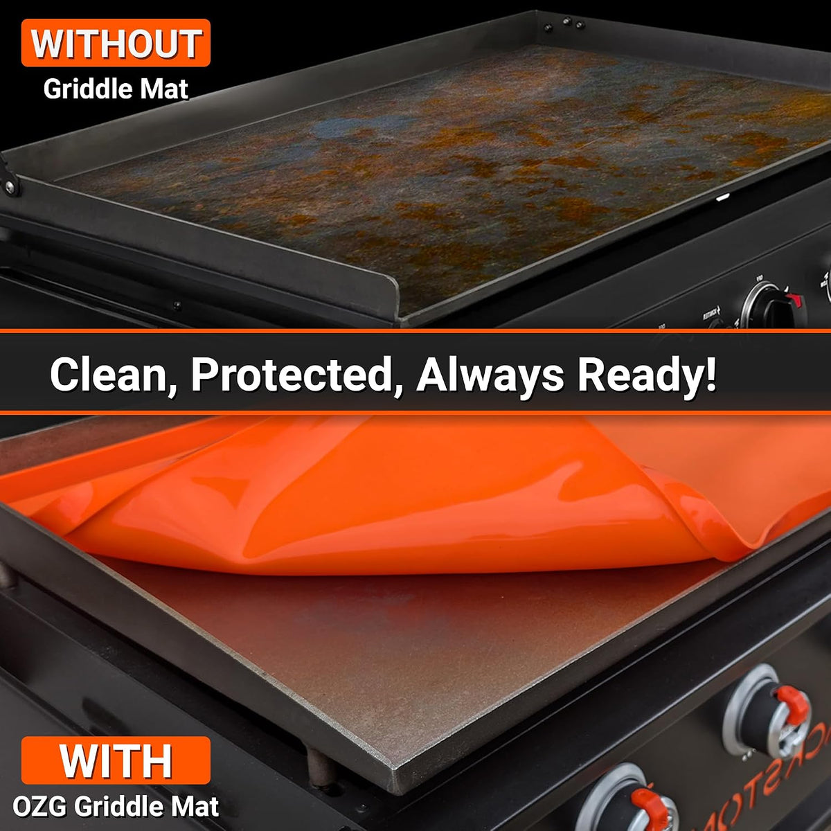 Rusty griddle without a mat compared to a clean griddle protected by an OZG griddle mat
