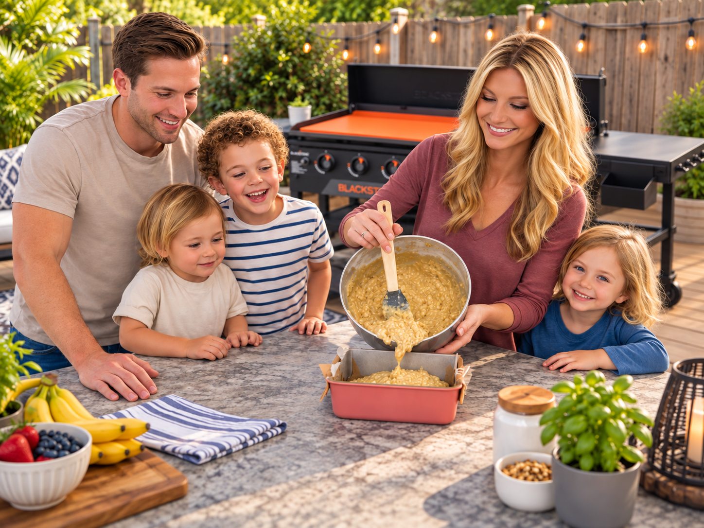 A family laughing together while making a treat at an outdoor kitchen, with a griddle in the background